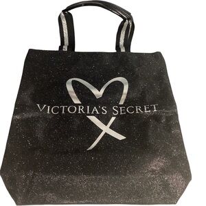 Victoria’s Secret Black Silver Glitter Sparkle Canvas Tote Bag NEW Shop & Travel